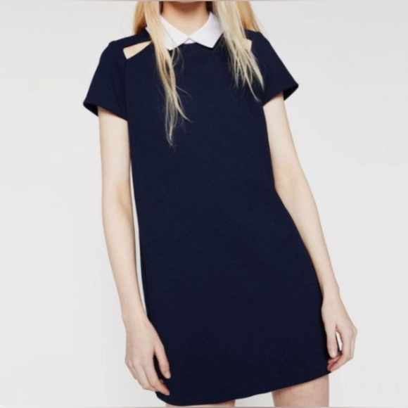 ZARA TRAFALUC COLLECTION ~ Blue Textured Dress with White Collar & Cutouts ~ M - Picture 2 of 2